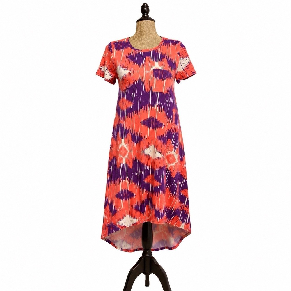 LuLaRoe Carly Dress XXS Coral Purple Ikat High Low Hem Pocket Stretch Knit Comfy